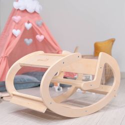 Rocker σε στυλ Montessori από ξύλο φυσικού χρώματος, 80x45x42 cm | κυματιστά