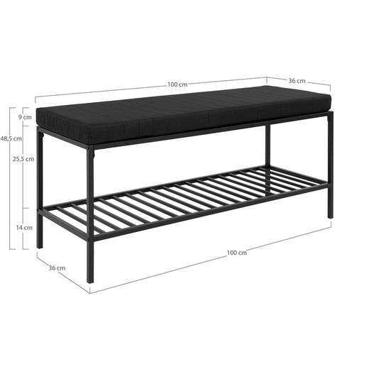 Bank van staal en stof in zwart, 100 x 36 x 48,5 cm | Leven