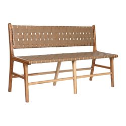 Banco de madeira teca e couro bege natural e escuro, 140 x 59 x 89 cm | Lado Mar