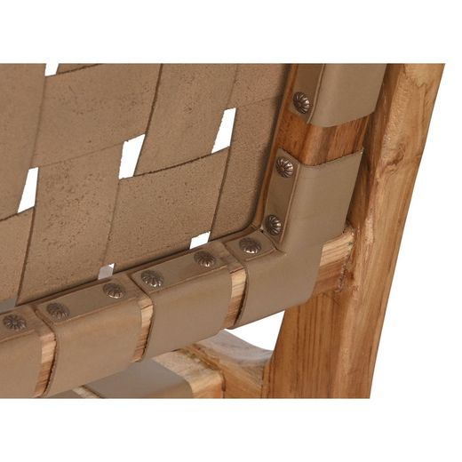 Teak wood and leather bench in natural and dark beige, 140 x 59 x 89 cm | Sea Side