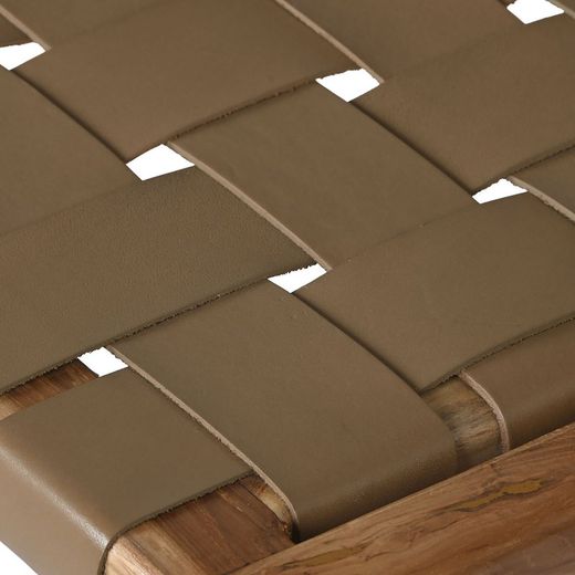 Teak wood and leather bench in natural and dark beige, 140 x 59 x 89 cm | Sea Side