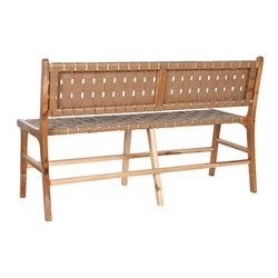 Banco de madeira teca e couro bege natural e escuro, 140 x 59 x 89 cm | Lado Mar