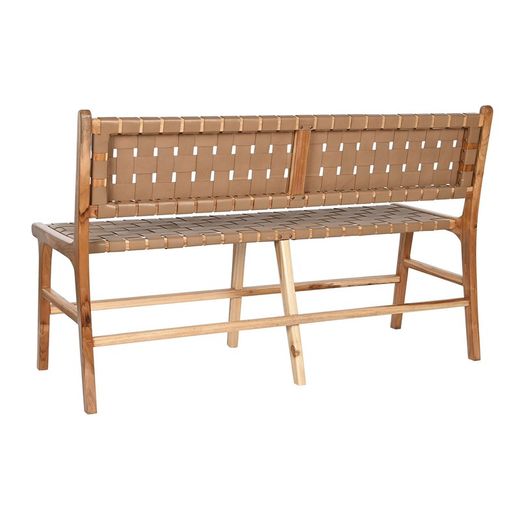 Teak wood and leather bench in natural and dark beige, 140 x 59 x 89 cm | Sea Side