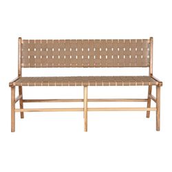 Banco de madeira teca e couro bege natural e escuro, 140 x 59 x 89 cm | Lado Mar