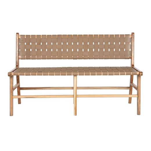 Teak wood and leather bench in natural and dark beige, 140 x 59 x 89 cm | Sea Side