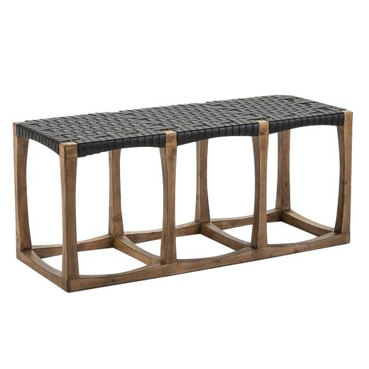 Banc en cuir noir et bois, 107x41x47 cm