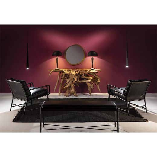 Leatherette and black metal bench, 132 x 33 x 48 cm