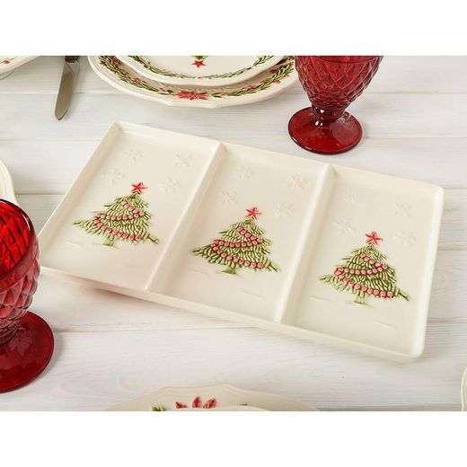 Plateau avec 3 divisions en faïence blanche et multicolore, 33,5 x 20,5 x 2 cm | Noël