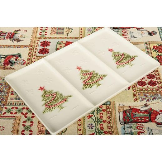 Plateau avec 3 divisions en faïence blanche et multicolore, 33,5 x 20,5 x 2 cm | Noël
