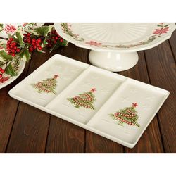 Plateau avec 3 divisions en faïence blanche et multicolore, 33,5 x 20,5 x 2 cm | Noël