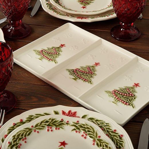 Plateau avec 3 divisions en faïence blanche et multicolore, 33,5 x 20,5 x 2 cm | Noël