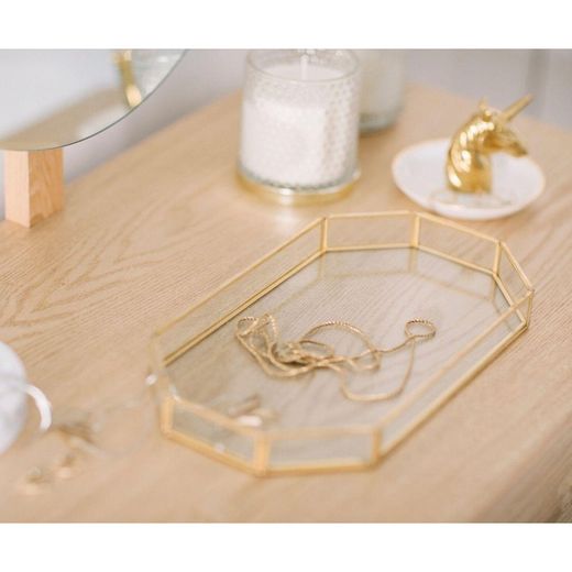 Gold and clear metal and glass tray, 27 x 15.5 x 2.5 cm | Gold