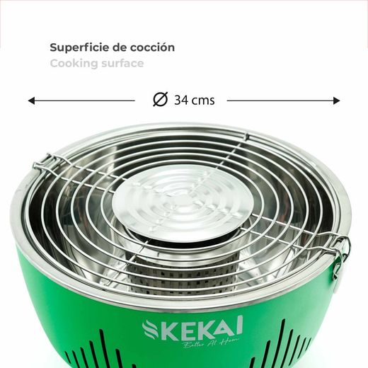 Churrasqueira a carvão de mesa sem fumaça com ventilador verde, 35x35x25 cm | Cratera