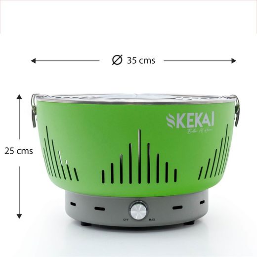 Churrasqueira a carvão de mesa sem fumaça com ventilador verde, 35x35x25 cm | Cratera