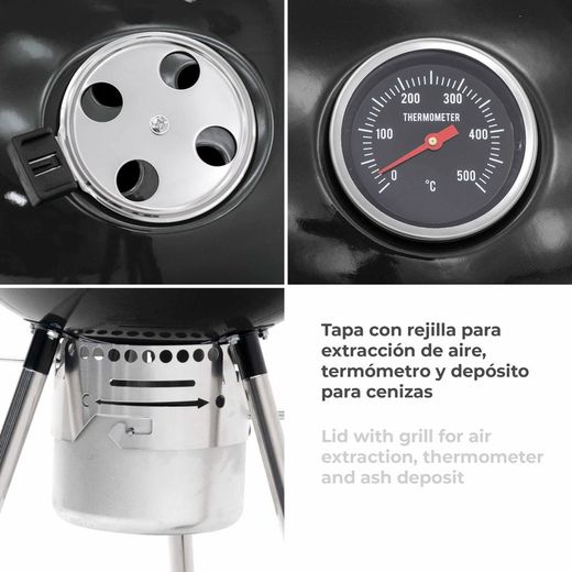 Barbecue tondo con coperchio e ruote nere, 58x47x100 cm | Yellowstone