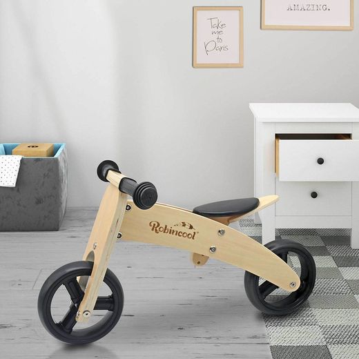 Montessori-style ride-on bicycle made of wood in natural and black colours, 63x40x36 cm | Fast Wheels