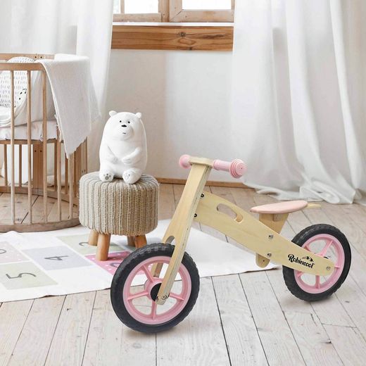 Bicicleta correpasillos montessori de madera en rosa y natural, 85 x 38 x 47 cm | Little Pilot