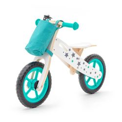 Montessori-style ride-on bicycle made of wood in turquoise color, 83x36x55 cm | Street Circuit