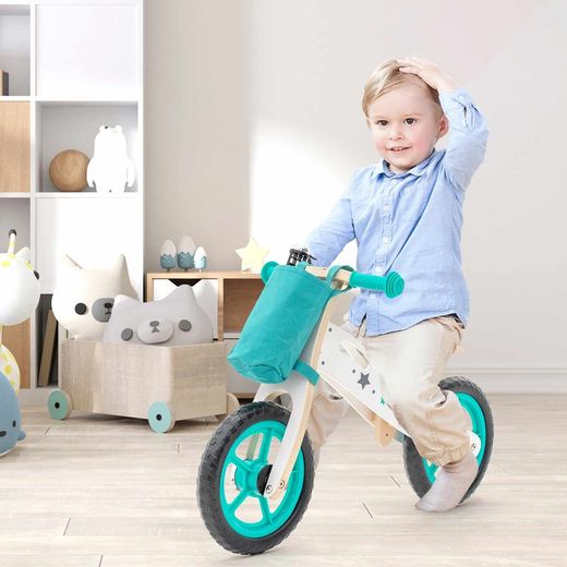 Montessori-style ride-on bicycle made of wood in turquoise color, 83x36x55 cm | Street Circuit