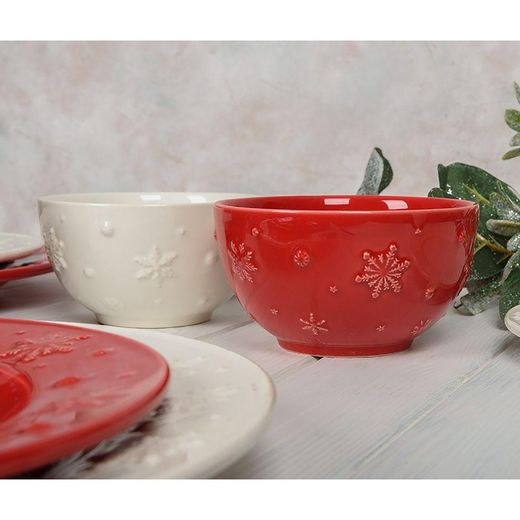 Red earthenware bowl, Ø 14 x 8.2 cm | Snowflakes