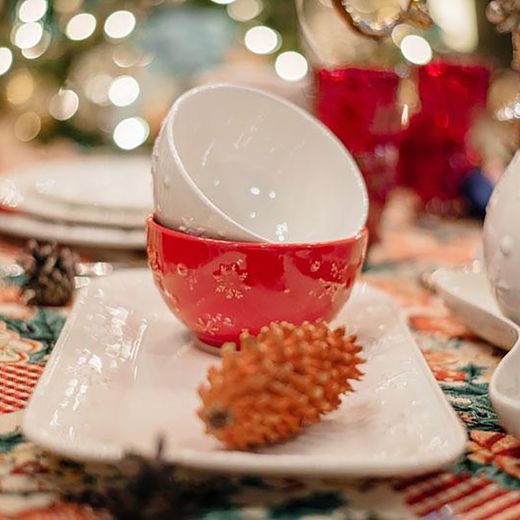 Red earthenware bowl, Ø 14 x 8.2 cm | Snowflakes