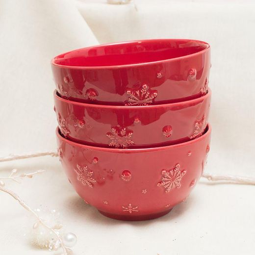 Red earthenware bowl, Ø 14 x 8.2 cm | Snowflakes
