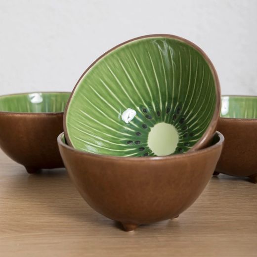 Kiwi bowl made of earthenware in brown and green, 14.1 x 14 x 7.5 cm | Tropical Fruits