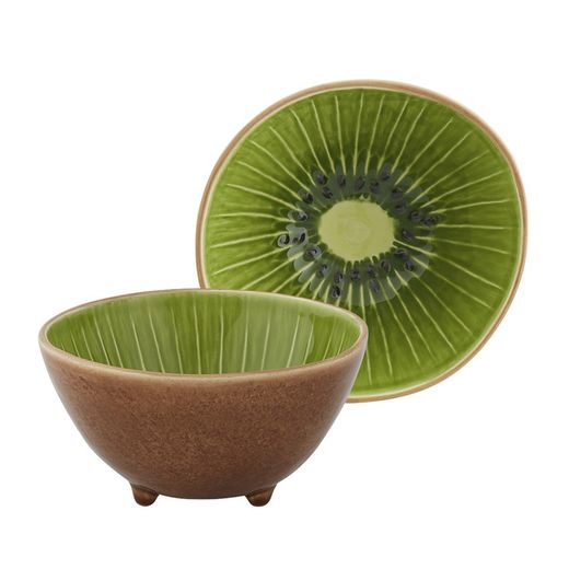 Kiwi bowl made of earthenware in brown and green, 14.1 x 14 x 7.5 cm | Tropical Fruits