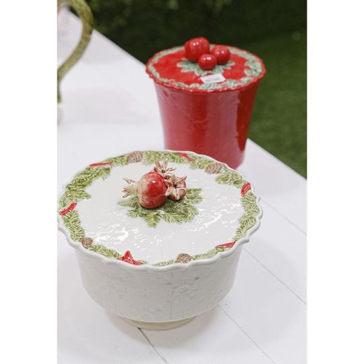 Hvid og flerfarvet slikskål/terrin i lertøj, Ø 24,8 x 20 cm | julekrans