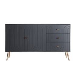Buffet Tremes em madeira de pinho e rattan cinza escuro, 140 x 38 x 80 cm