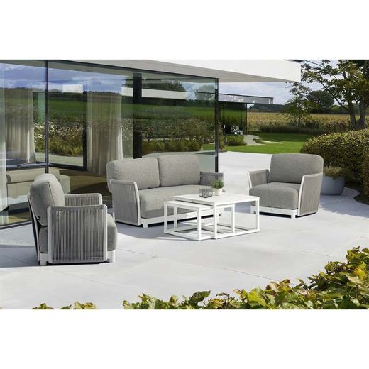 Garden sofa set made of aluminum, nautical rope, and white and gray fabric | Silai M
