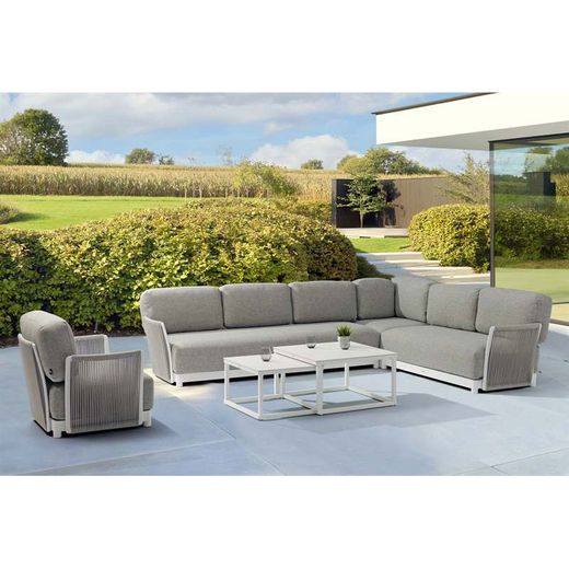 Garden sofa set made of aluminum, nautical rope, and white and gray fabric | Silai M