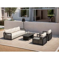 Garden sofa, armchair, and armchair with pouf set, made of aluminum, rope, and anthracite and beige fabric | Santa Ana
