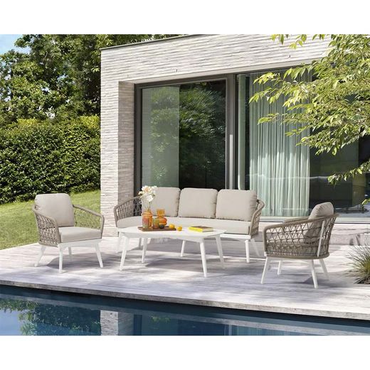 Aluminum and rope garden sofa set in white and greige | Nelayan