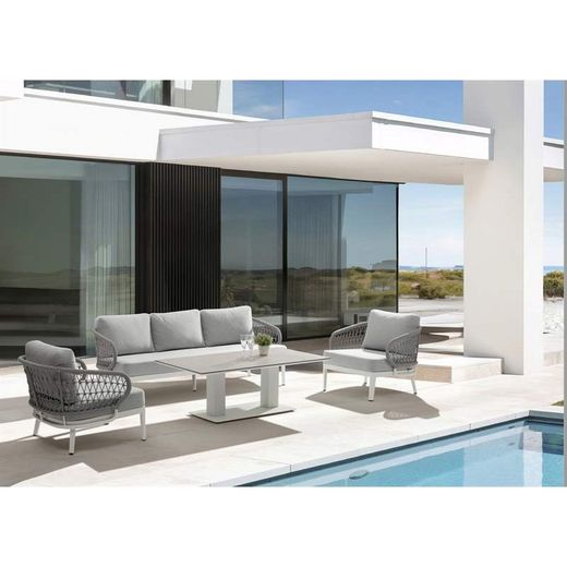 Conjunto de sofás para jardín con mesa elevable de aluminio y cuerda náutica en blanco y gris | Isabela