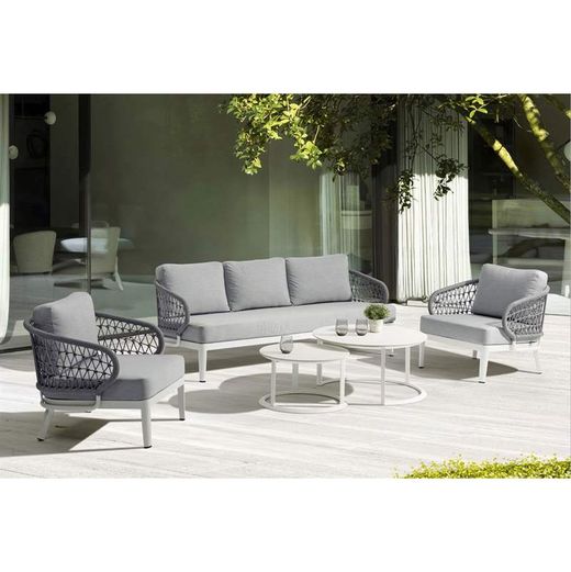 Conjunto de sofás para jardín con mesa elevable de aluminio y cuerda náutica en blanco y gris | Isabela