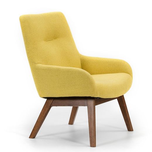 Poltrona in tessuto senape e gambe in legno, 62 x 58 x 40/52/84 cm