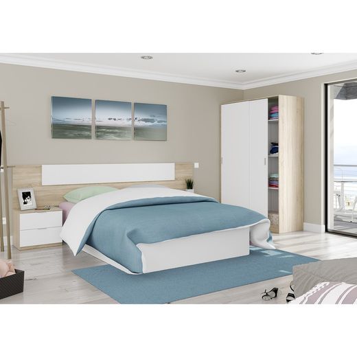 Huvudgavel med 2 små bord i vitt och ek, 247 x 38 x 95 cm