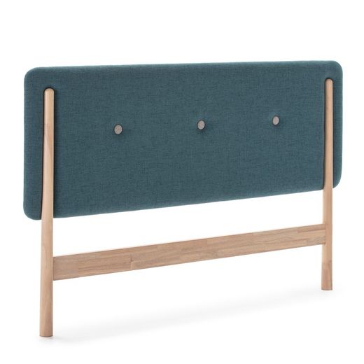 Cabecero de tela azul turquesa y botón en gris con patas de madera, 173 x 6 x 109 cm