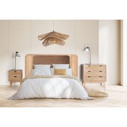 Headboard in pine, rattan and velvet in natural, 160 x 5 x 80 cm | Larvik