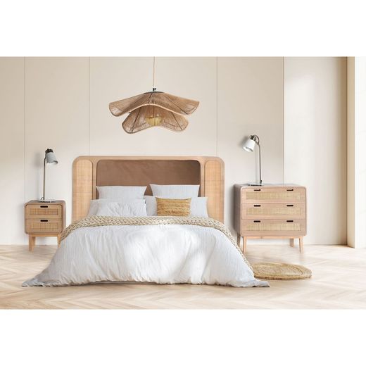 Headboard in pine, rattan and velvet in natural, 160 x 5 x 80 cm | Larvik