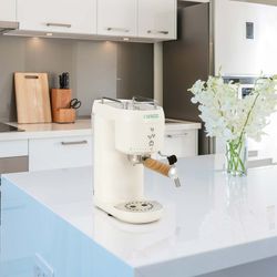 White Semi-Automatic Espresso Maker with Milk Frother, 36.8 x 12.2 x 30.3 cm | Hikari