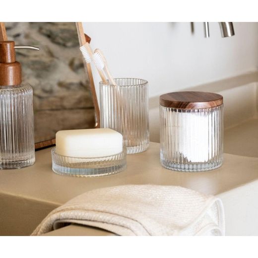 Crystal and Acacia Bathroom Set, 4 Pieces | Poseidon