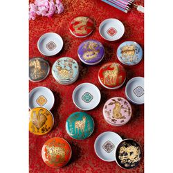 Decorative porcelain box in orange and gold, 10.1 x 10.1 x 4.5 cm | Golden