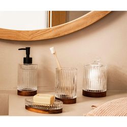 Badkamerset van glas en acacia, 4-delig | Triton
