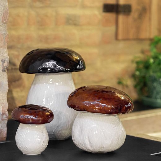 Grote aardewerken doos in beige en bruin, 16,5 x 16,5 x 27 cm | paddestoelen