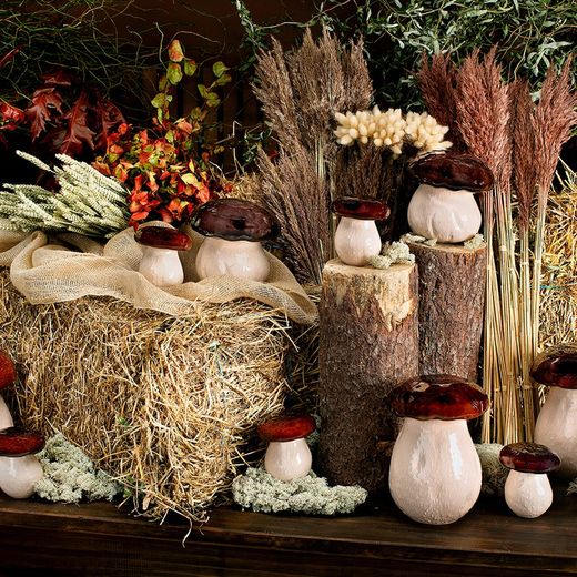 Grote aardewerken doos in beige en bruin, 16,5 x 16,5 x 27 cm | paddestoelen