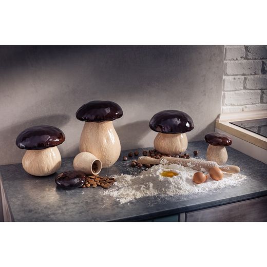 Mittlere Steingutdose in Beige und Braun, 19 x 19 x 18,5 cm | Pilze