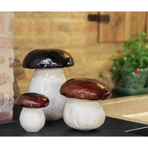 Mittlere Steingutdose in Beige und Braun, 19 x 19 x 18,5 cm | Pilze