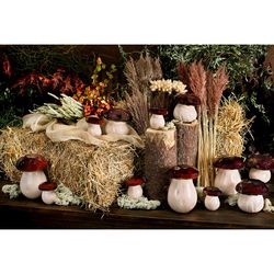 Medium beige and brown earthenware box, 19 x 19 x 18.5 cm | Mushrooms